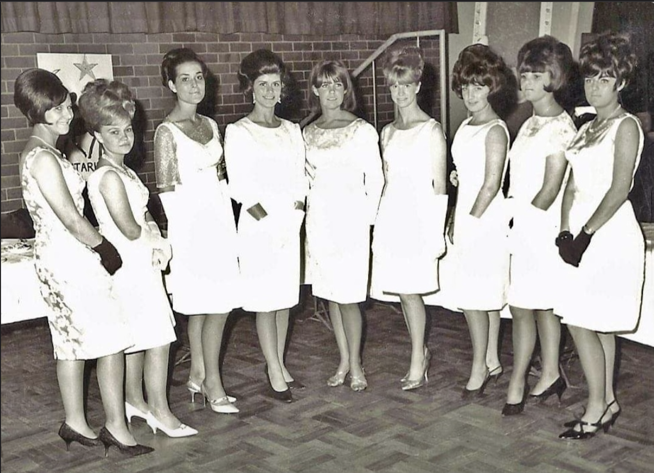 Matric Dance 1965. Margaret Rasher, Enid Naude, Lynda De Vries, Irene Bellomo, Margaret Lacey, Marlene Ketchen, Barabara Webb, Doreen Thompson and Anita van